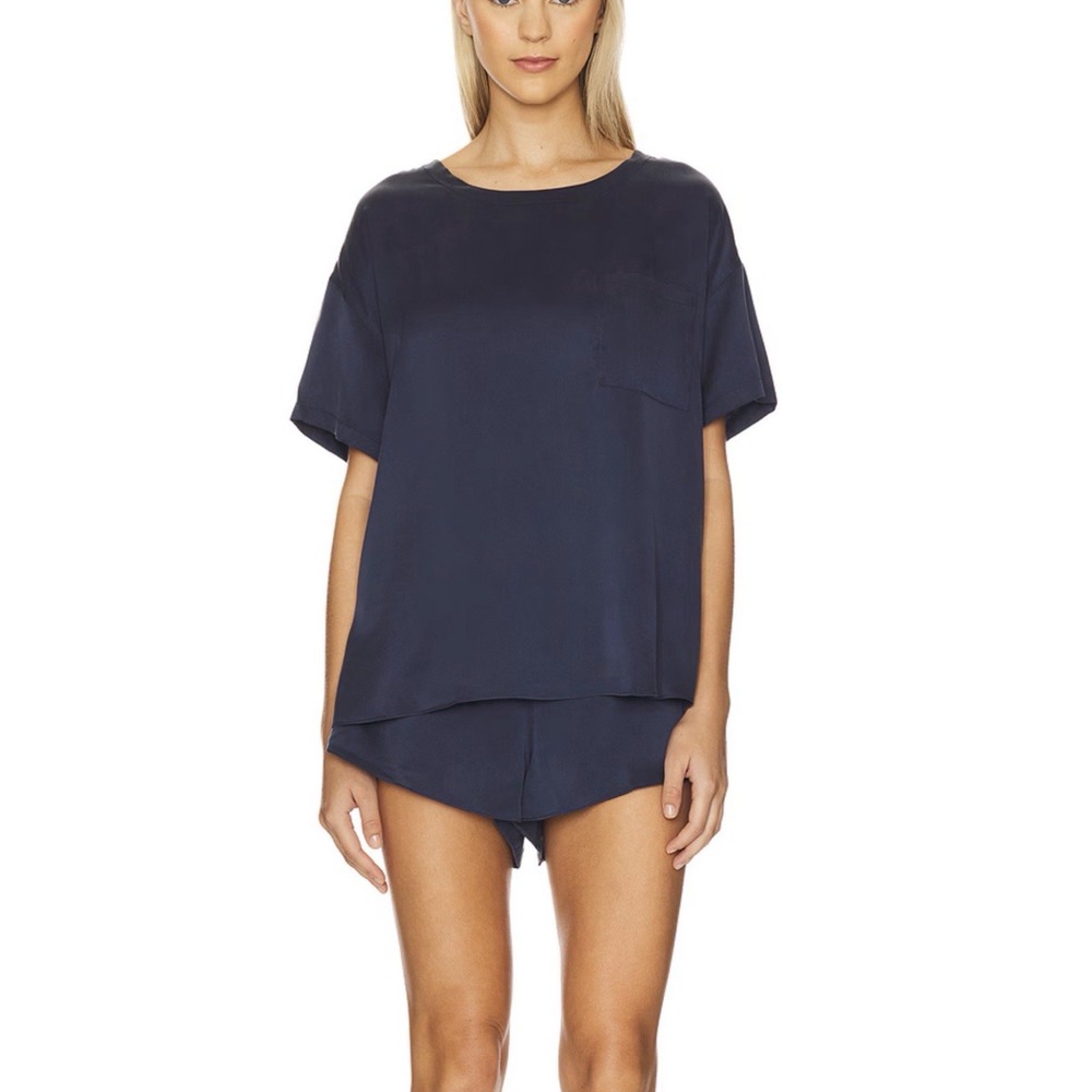 Lunya Washable Silk Tee Set in Deep Blue Size XS/S Shorts & Shirt Luxe Pajamas